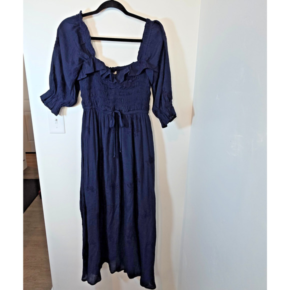 Smocked waist peasant square neck dress Large Navy Rayon Puff Sleeve Cottagecore - Picture 1 of 9